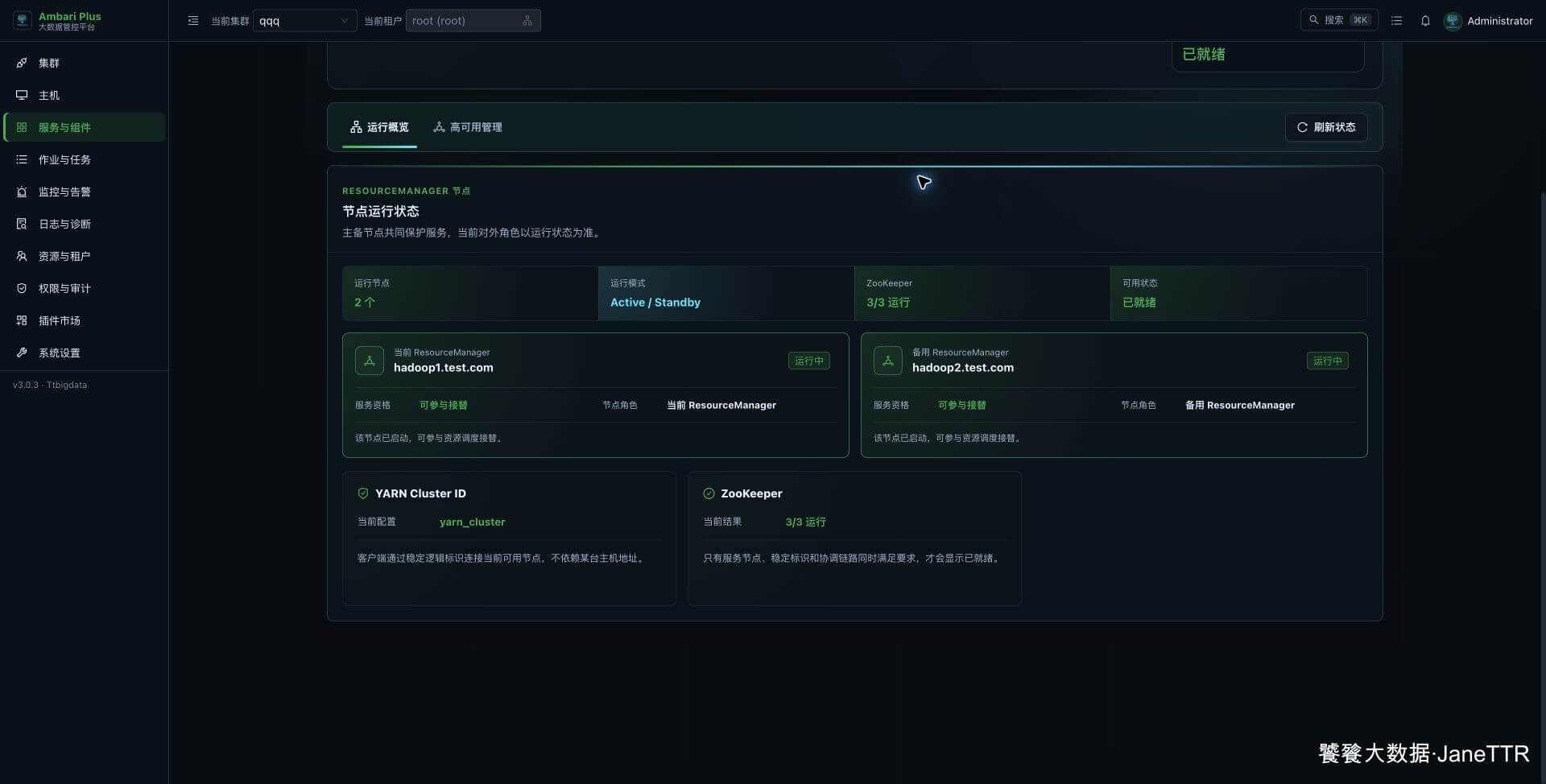 YARN 高可用管理页核对 ResourceManager 拓扑