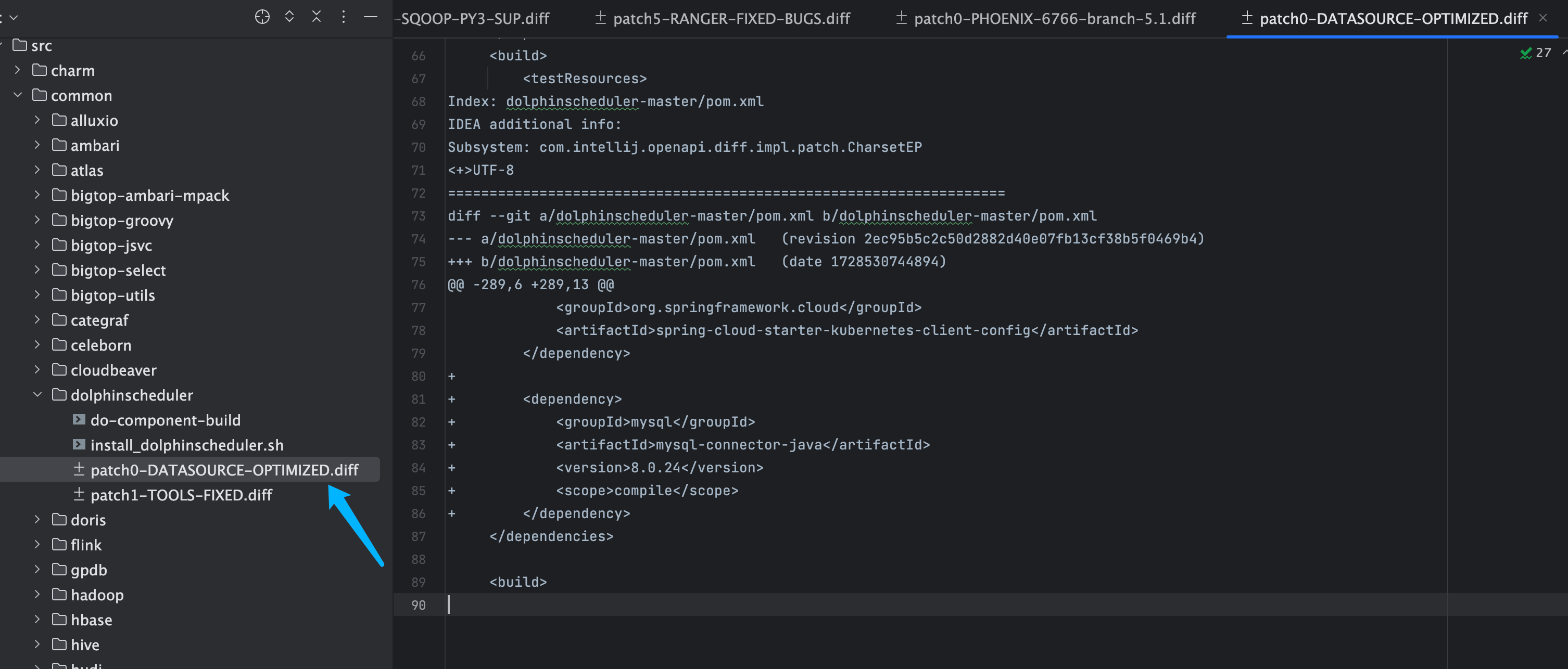 补丁文件名和路径必须严格为 patch0-DATASOURCE-OPTIMIZED.diff，bigtop-packages/src/common/dolphinscheduler/