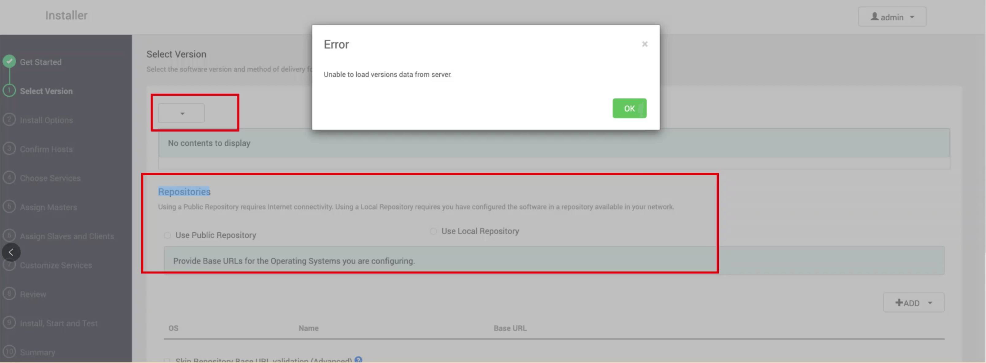 Unable to load version data from server