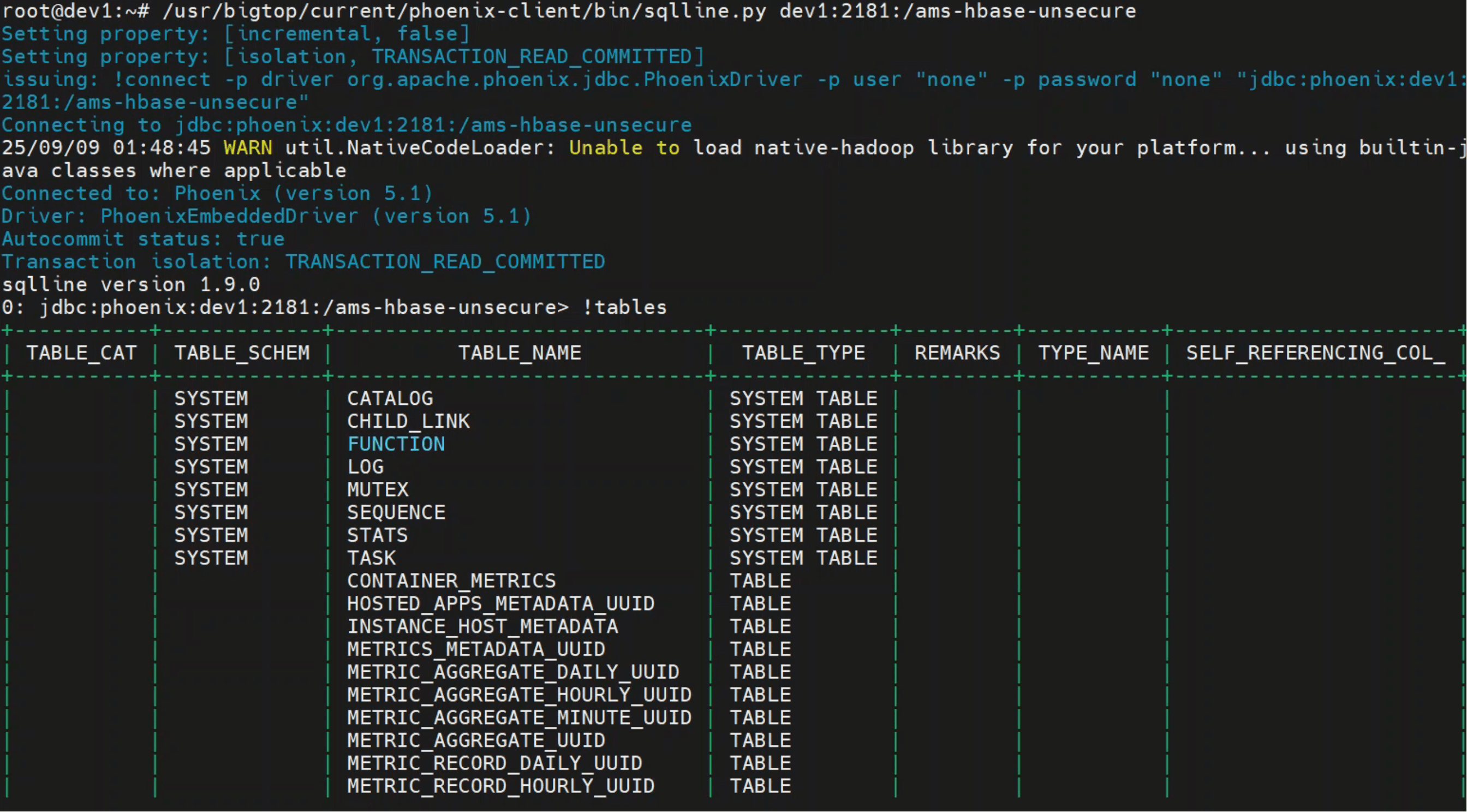 sqlline 正常连接效果